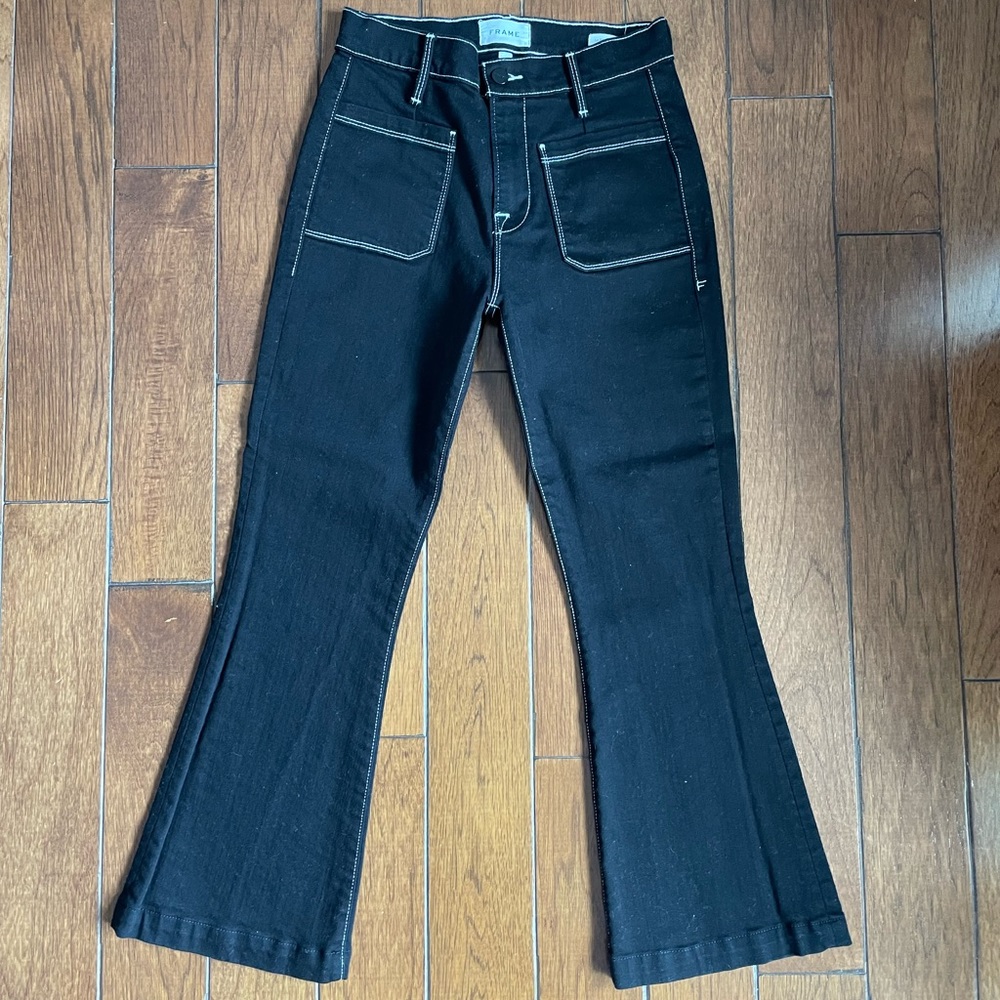 FRAME Black Le Bardot Crop Flare w/ White stitching
